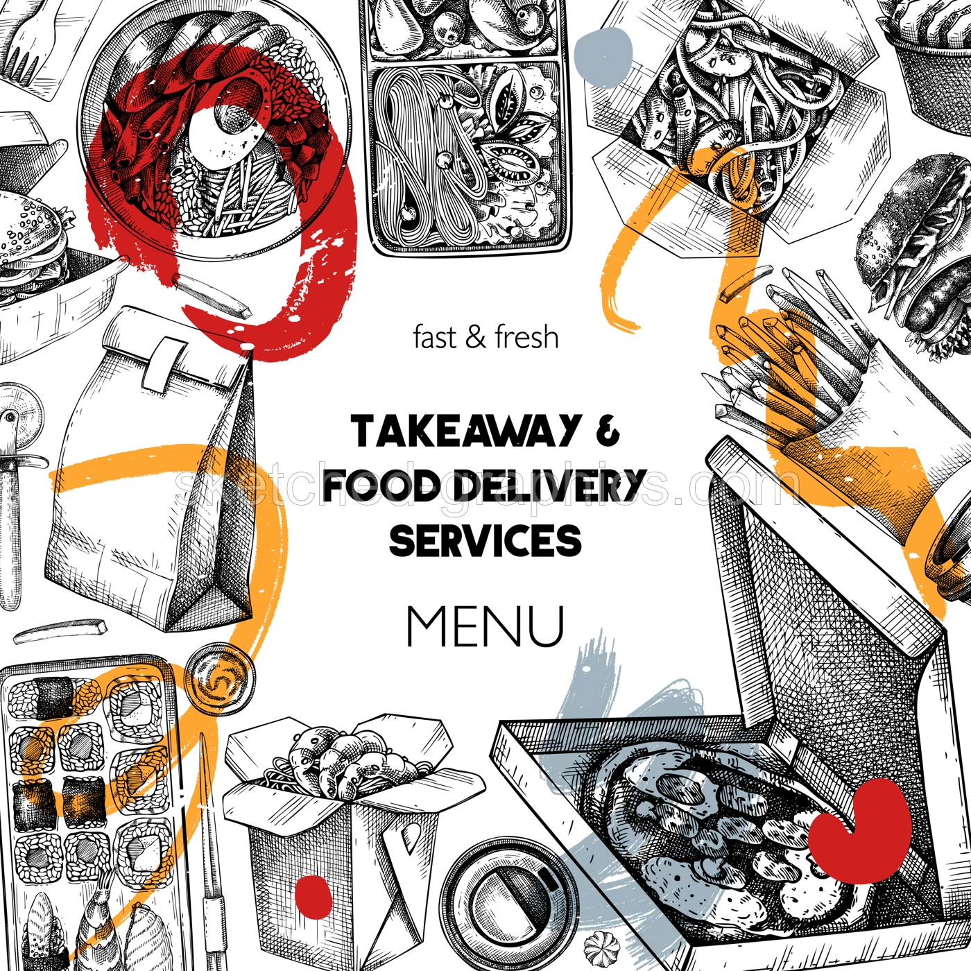 Collage style fast food frame. Hand-drawn vector illustration. Burger, pizza box, paper bag, coffee cup sketch. Takeaway food menu design. Restaurant delivery banner template. Trendy background Illustration